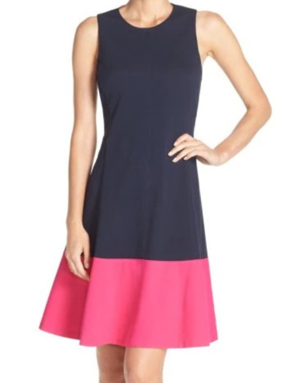 Eliza J Dress Womens Size 4 Fit And Flare Navy Blue And Pink Stretch